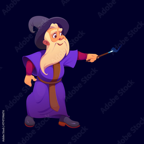 Cartoon Halloween wizard sorcerer or mage character with long white beard, vector personage. Old wizard in pointy hat and purple robe making spell with magic wand for Halloween horror night holiday