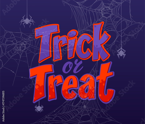 Cartoon Halloween trick or treat banner with hanging cobweb threads and spider silhouettes on dark background. Halloween trick or treat holiday vector greeting card with spiders on spiderwebs