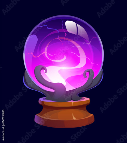 Cartoon Halloween mystical crystal ball glowing with purple light on wooden stand, vector icon. Cartoon magical fortune telling sphere with enchanted energy for Halloween holiday witch magic occult