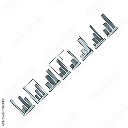 Bar charts display data trends in a sequence, showing growth and decline over time, representing financial analysis and market fluctuations with clarity.