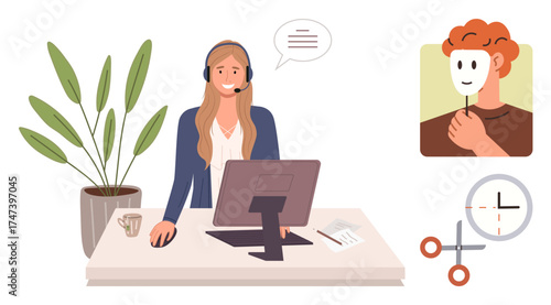 Female agent using a headset and PC, plant beside desk, user hiding true identity. Target themes include online security, customer support, fraud prevention, identity, remote work, privacy simple
