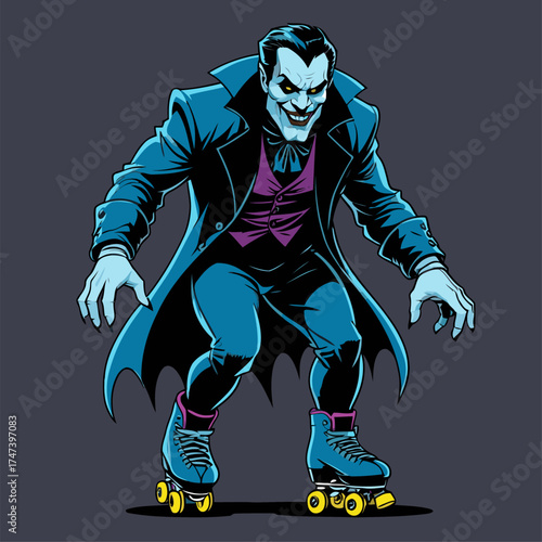 illustration of Dracula rollerblading