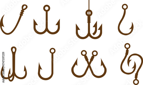  Fishing Hook Icons Set – Vector Silhouettes and Angling Equipment Symbols for Logo and Design Use.