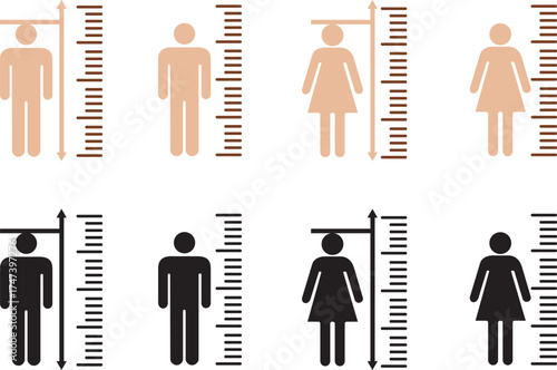 Human Height Measurement Icons Set – Person Silhouette with Ruler Scale and Body Size Vector Illustration.