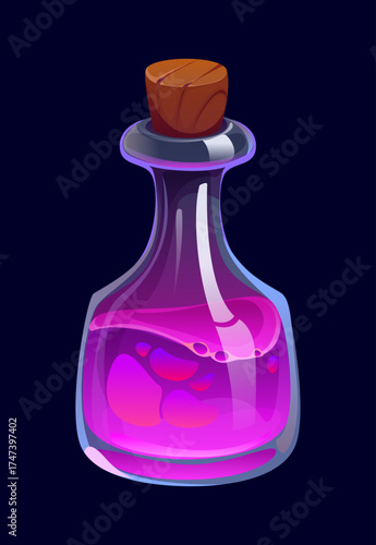 Cartoon Halloween fantasy elixir potion bottle with a wooden cork, holding vivid purple liquid with bubbles and reflections. Vector magic potion bottle, fantasy game asset, spell or alchemy concoction