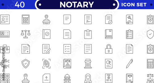 Legal and notary outline icon collection. Includes certificate, contract, signature, seal, oath, witness, and document symbols. Modern outline icons for law, validation, approval, and authentication.