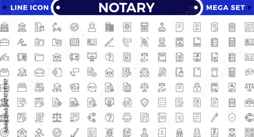 Legal and notary outline icon collection. Includes certificate, contract, signature, seal, oath, witness, and document symbols. Modern outline icons for law, validation, approval, and authentication.
