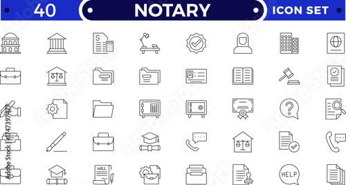 Legal and notary outline icon collection. Includes certificate, contract, signature, seal, oath, witness, and document symbols. Modern outline icons for law, validation, approval, and authentication.