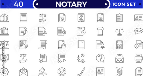 Legal and notary outline icon collection. Includes certificate, contract, signature, seal, oath, witness, and document symbols. Modern outline icons for law, validation, approval, and authentication.