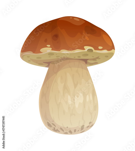 Cartoon porcini mushroom autumn icon. Harvest season edible porcini mushroom, featuring classic brown cap and white leg
