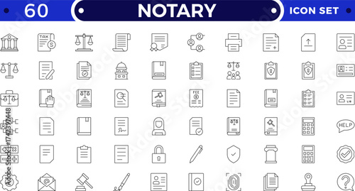 Legal and notary outline icon collection. Includes certificate, contract, signature, seal, oath, witness, and document symbols. Modern outline icons for law, validation, approval, and authentication.