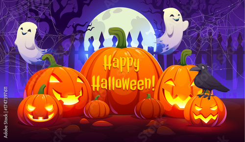 Halloween banner of carved pumpkins with lit faces surrounded by spider webs and a spooky fence, flying ghosts and crow. Happy Halloween holiday vector greeting card with haunted forest background