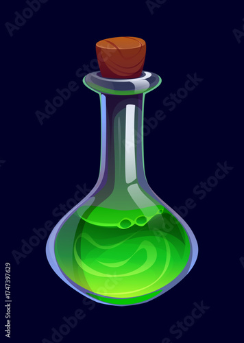 Cartoon Halloween magical energy or toxic elixir glass potion bottle filled with glowing green liquid, sealed with a wooden cork stopper. vector magic, fantasy, alchemy or wizard poison fantasy vial
