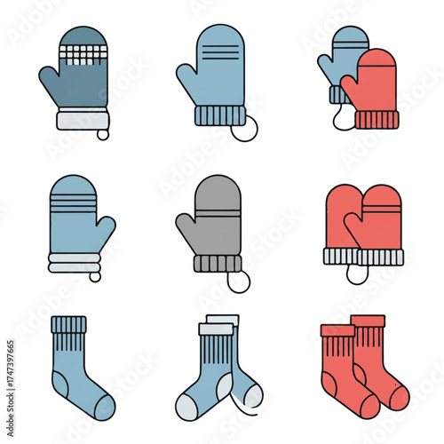 Collection of colorful winter mittens and socks keeps hands and feet warm during cold season, showcasing cozy and festive theme.