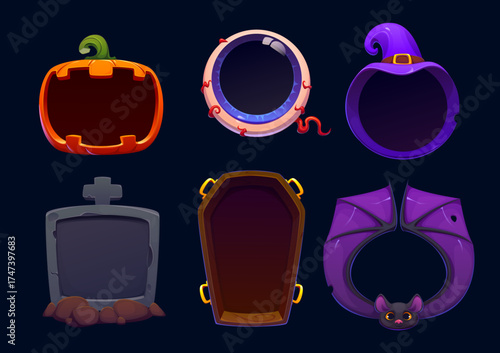 Halloween photo frames shaped as cartoon pumpkin, eyeball, witch hat and tombstone, coffin and bat wings vector borders template. Halloween horror night party invitation and social media photo frame