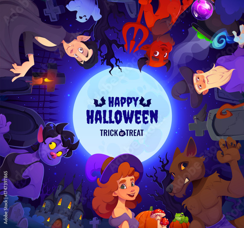 Halloween scary and fairy characters on spooky graveyard. Vector cartoon vampire, witch, red devil and grim reaper with wizard, werewolf and ghost around glowing moon. Halloween monster characters
