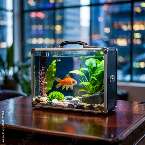 Goldfish swimming in an unusual briefcase aquarium on a wooden desk with city skyline view in the background during the evening