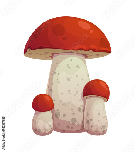 Cartoon boletus mushrooms autumn icon. Fall forest harvest illustration with bolete fungus family, edible mushrooms drawn with brown cap and white leg