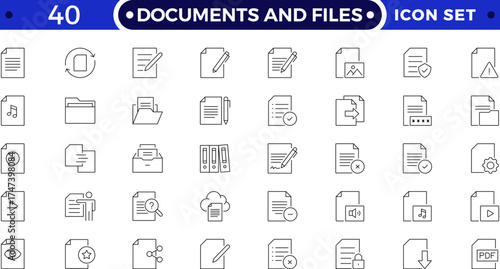 Document and folder outline icons. Includes file, clipboard, archive, certificate, resume, report, and office symbols. Modern business, administration outline icons for digital management and design.