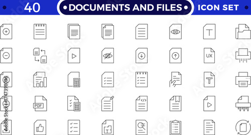 Document and folder outline icons. Includes file, clipboard, archive, certificate, resume, report, and office symbols. Modern business, administration outline icons for digital management and design.