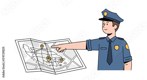 Diligent police officer planning strategic patrol routes on a detailed map, ideal for law enforcement training materials and public safety awareness campaigns.
