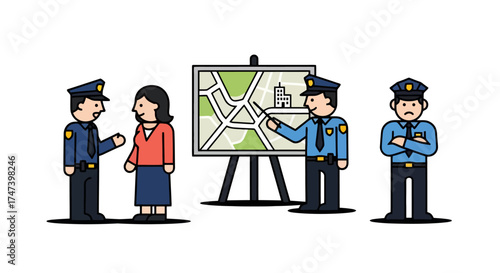 Law Enforcement Team Discussing Crime Scene Strategy Using Map Illustration for Public Safety Campaigns or Training Materials