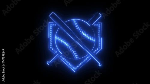Glowing neon Baseball and bat frame icon isolated on black background. neon baseball softball sport icon simple bat and ball template. Both baseball equipment have a neon glow against 