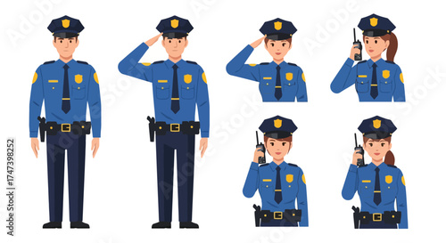 Vector Illustration of Law Enforcement Officers in Various Poses for Educational Materials and Community Safety Awareness Campaigns