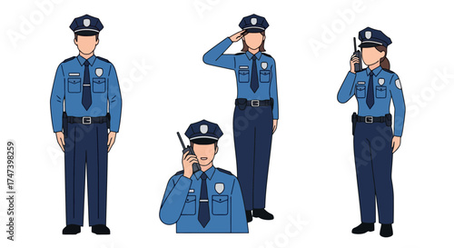 Diverse team of police officers in uniform showcasing law enforcement and community safety initiatives, perfect for public service announcements and educational materials.