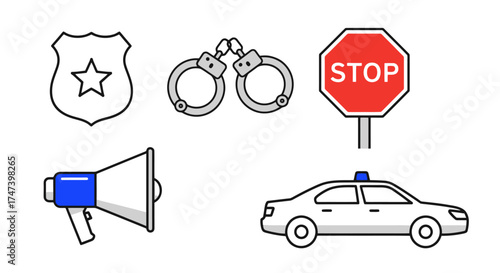 Vector Illustration Set of Law Enforcement Symbols for Public Safety Awareness Campaigns and Educational Materials, Ideal for Crime Prevention and Justice Related Projects
