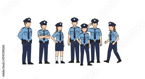 Diverse Group of Uniformed Law Enforcement Officers Standing Together on White Background. Ideal for illustrating public safety, community service, and law enforcement recruitment materials.