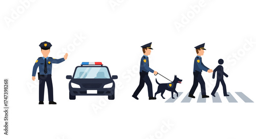 Police Officer Actions and Scenarios Depicted in Flat Vector Style for Educational Materials and Public Safety Campaigns.