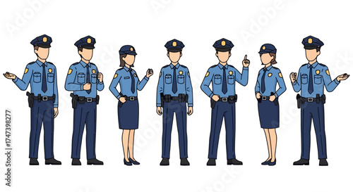 Diverse group of uniformed police officers standing in formation. Ideal for law enforcement training materials, public safety campaigns, and educational resources.