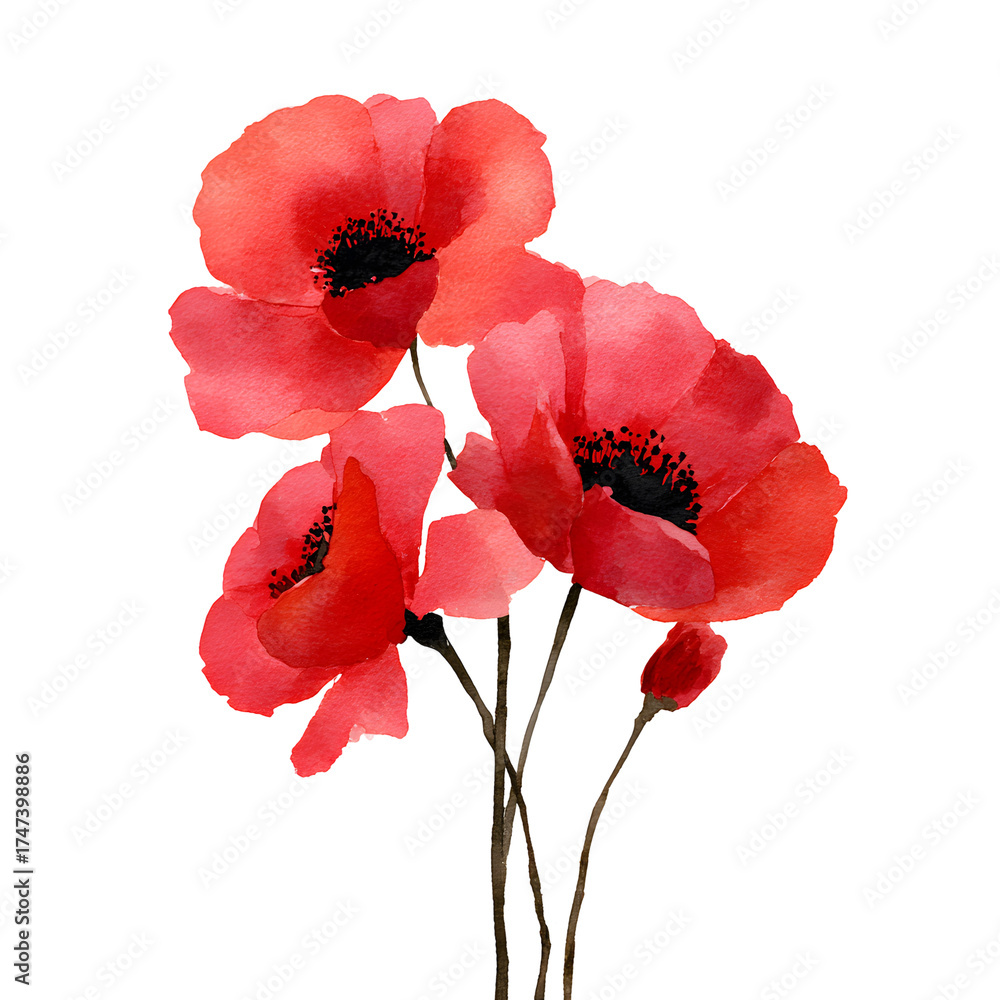 Obraz premium Watercolor illustration of vivid red poppy flowers in bloom isolated on transparent background