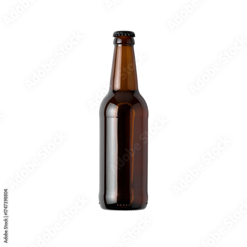 A single, brown glass bottle, upright against a stark black background. Metal cap, empty inside