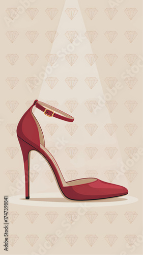 Red stiletto heel shoe with ankle strap on diamond pattern background