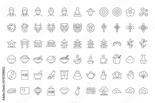 Collection of Chinese cultural symbols, traditions, and patterns representing the spirit of China, including dragons, lanterns, pagodas, fans, and calligraphy. Perfect for design related to Chinese id