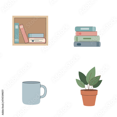 Minimal home decor with shelf, books, and plants – cozy modern lifestyle flat illustration for interior design content