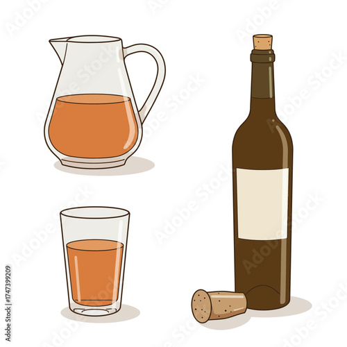 Wine bottle with cork and glass pitcher – elegant winery and alcohol flat illustration for dining or restaurant designs