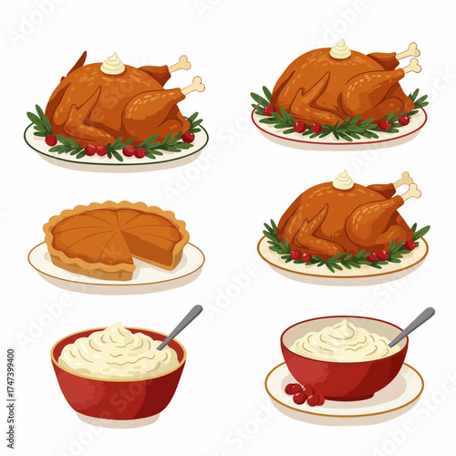Roast turkey with stuffing, gravy, and holiday dishes – delicious Thanksgiving dinner clipart for festive food design
