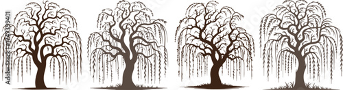 Graceful willow tree silhouettes with flowing branches symbolizing nature, tranquility, and beauty, perfect for landscape art, eco backgrounds, environmental themes, and natural design illustrations