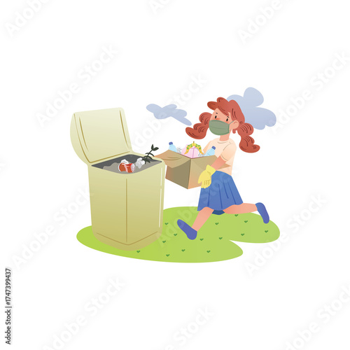 Fotografia A Young Woman Wearing a Mask Carries a Cardboard Box Full of Trash Towards an Op