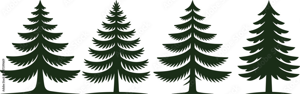 Fototapeta premium A row of evergreen pine tree silhouettes symbolizing forest nature, wilderness, and winter landscape, perfect for eco backgrounds, outdoor designs, environment conservation, and natural scenery concep