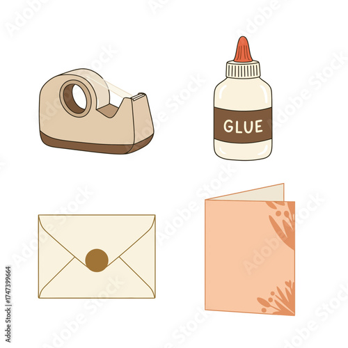 Stationery Tools Set with Tape, Glue, and Paper Supplies for Craft or Office Work