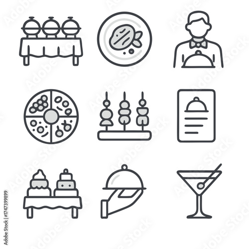 Catering buffet meals and drinks illustration suitable for event planning leaflets, restaurant menus, and catering business advertisements.