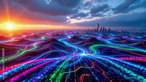 Aerial view of vibrant neon waves flowing toward futuristic city skyline at sunset, digital landscape, energetic and dynamic mood
