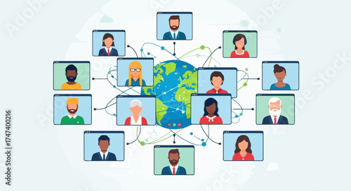 Global Virtual Meeting Illustration Showcasing Diverse Participants Connecting Across the World for Online Collaboration and International Business Communication