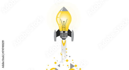 Conceptual illustration of a light bulb rocket launching, symbolizing innovation, creativity, and the successful start of a new project for business, marketing, education purposes.