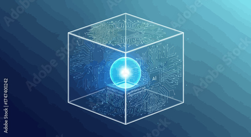 Enclosed digital core showcasing artificial intelligence within a cube. The image serves as a visual representation of advanced technology, data processing, and innovative solutions.