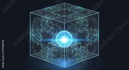 Abstract Technological Cube with Central Glowing Sphere, representing Data Processing and Advanced Computing Systems for Technology and Science Projects.